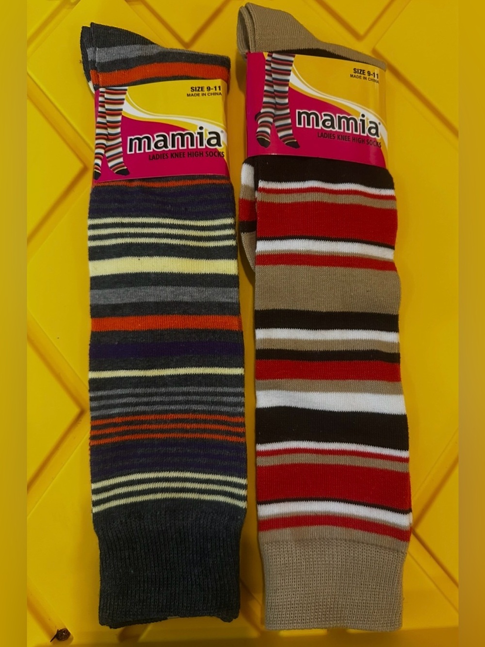 #1396 Mamia Ladies Striped Knee-High Socks - Gray & Tan